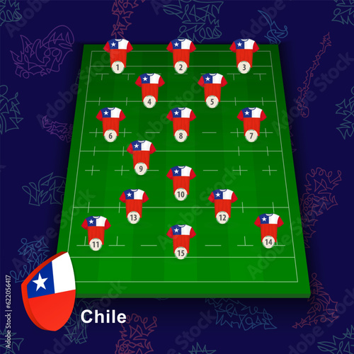 Chile national rugby team on the rugby field. Illustration of players position on field.