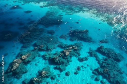Photographic Close-Up of Flying over an Ocean Reef Teeming with Sharks, Showcasing the Enchanting Light Blue and Turquoise Hues of Australia's Coastal Landscapes © Ben