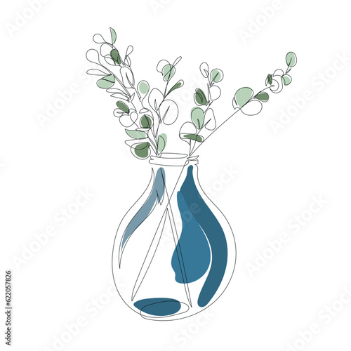 Vector house plant in pot one line continuous drawing vector illustration. Hand drawn linear icon. Green leaves silhouette. Minimal design, botanical print, banner, card, wall art poster, logo.