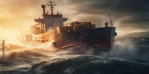 cargo ship at wild sea, Dynamic and Action-Packed Cargo Ship Transport and Logistics with Attention to Atmospheric Effects