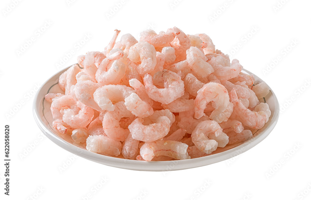 Heap of frozen boiled shrimps on a plate cutout. Plate of cooked peeled prawn tails isolated on a white background. Frozen shrimps prepared for cooking. Seafood recipe. Heap of frozen boiled shrimps on a plate cutout. Plate of cooked peeled prawn tails isolated on a white background. Frozen shrimps prepared for cooking. Seafood recipe.