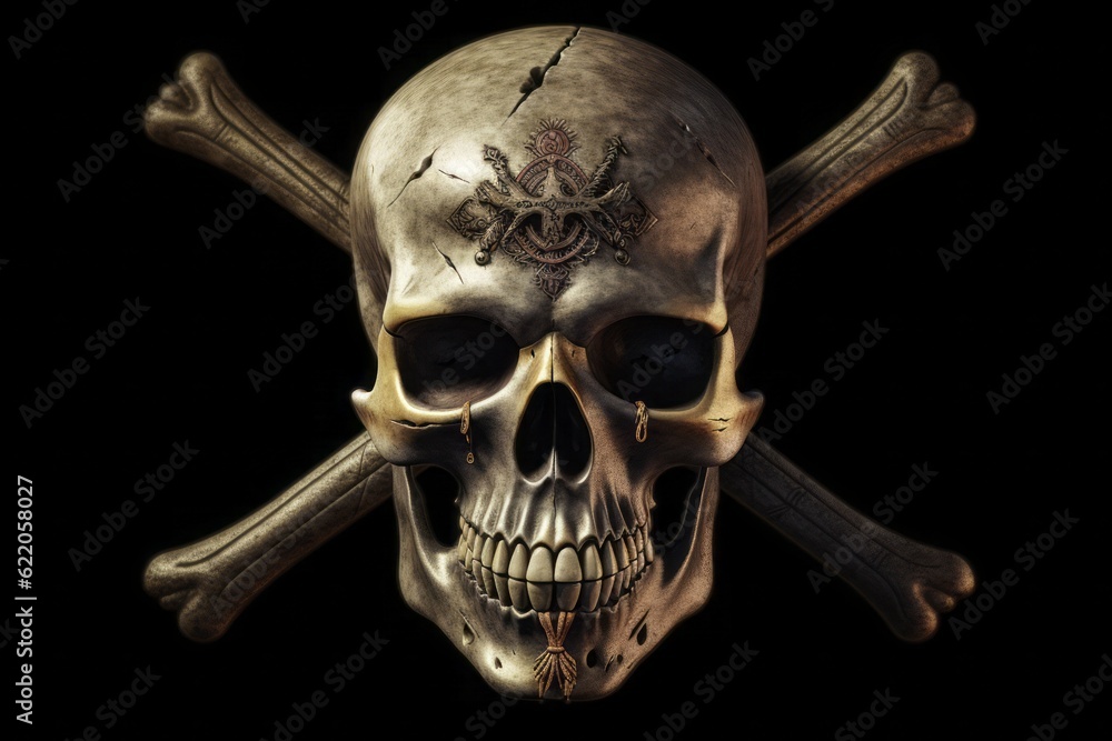 skull and crossbones, Skull and Crossbones: Frontal Skull with Crossed Bones in Pirate Style on a Black Background