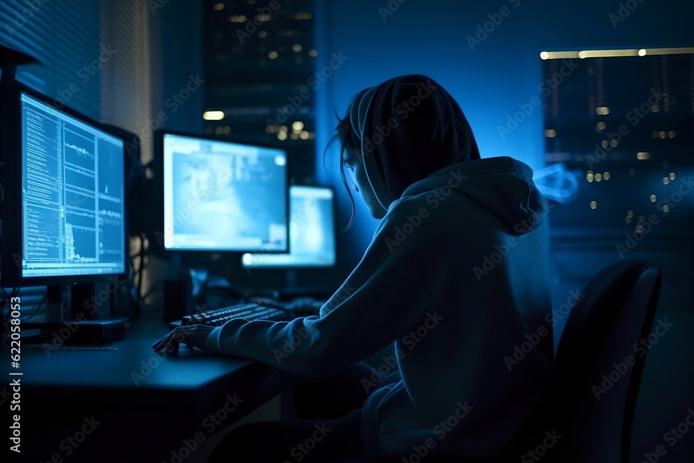 Male hacker young teenager and hood, sitting in apartment typing on laptop, hacking computer system. Internet, user privacy cybersecurity, blockchain, cybernetics, data protection. Generative AI Male hacker young teenager and hood, sitting in apartment typing on laptop, hacking computer system. Internet, user privacy cybersecurity, blockchain, cybernetics, data protection. Generative AI