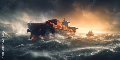 cargo ship at wild sea, Dynamic and Action-Packed Cargo Ship Transport and Logistics with Attention to Atmospheric Effects