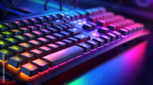 RGB gaming keyboard close-up view. Bright colorful keyboard, soft focus. Mechanical keyboard with light background.