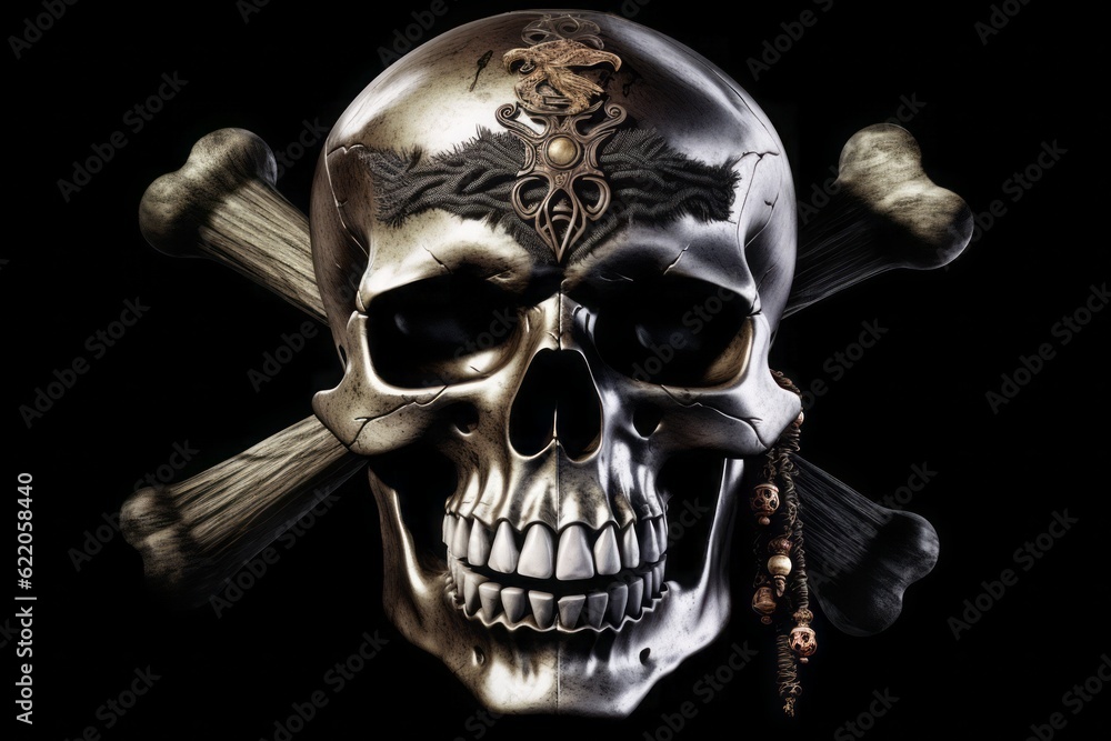 Fototapeta premium skull and crossbones, Skull and Crossbones: Frontal Skull with Crossed Bones in Pirate Style on a Black Background