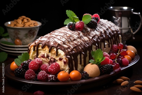 Full view, a festive Yule log cake( Bûche de Noël). Generative AI