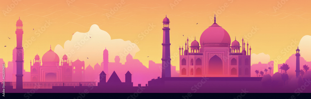 India Famous Landmarks Skyline Silhouette Style, Colorful, Cityscape, Travel and Tourist Attraction - Generative AI