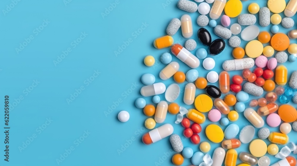 Pile of different pills on light blue background, flat lay. Place for text