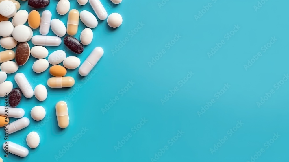 Pile of different pills on light blue background, flat lay. Place for text Pile of different pills on light blue background, flat lay. Place for text