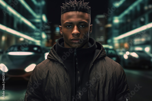 Young black man with luxury sport car in background. Nightlife