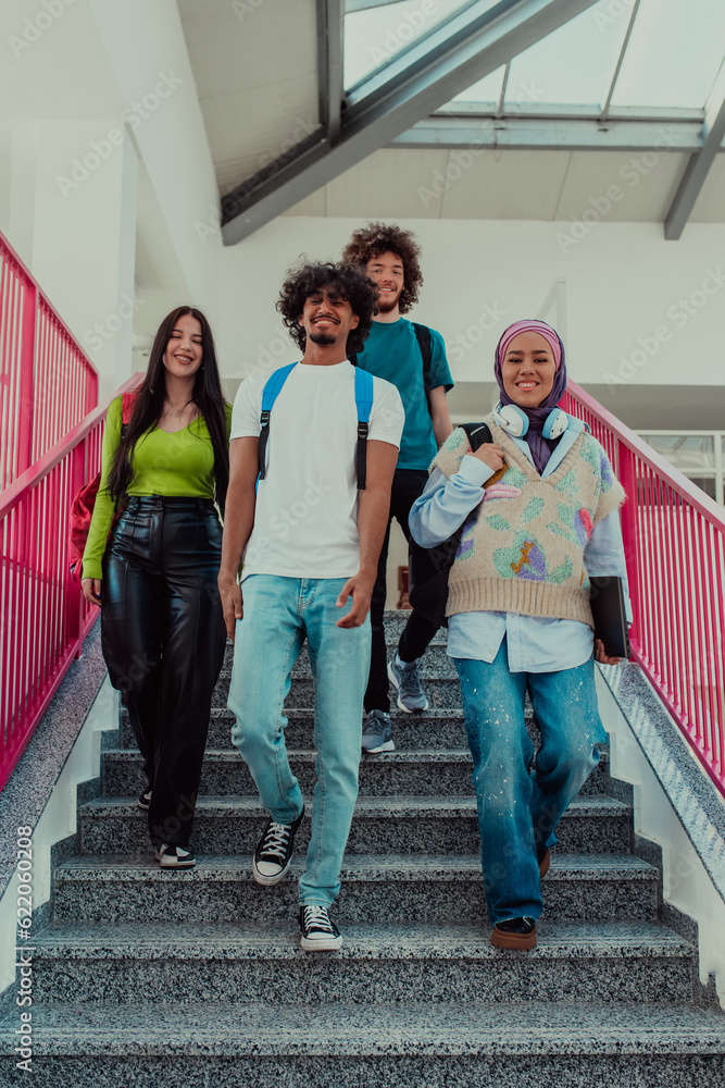 Obraz premium A group of diverse students, including an African American man and a Muslim girl wearing a hijab, walk together through the modern hallways of the university, symbolizing inclusivity and the power of