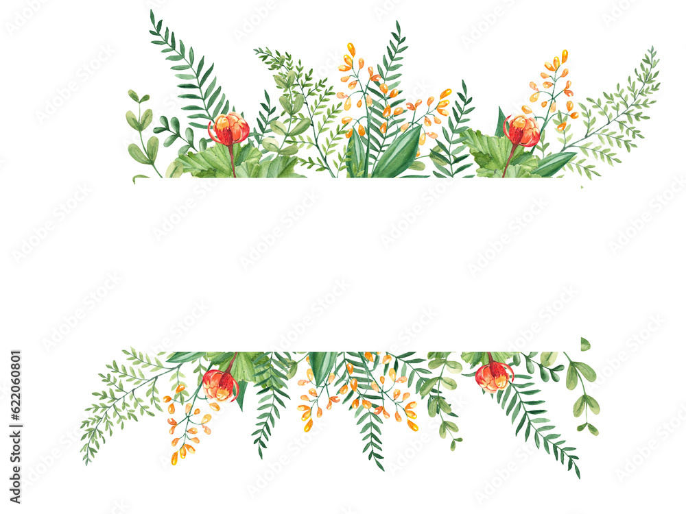 Watercolor floral horizontal frame. Cloudberry leaves and berries, fern, green branches, yellow wildflowers. Can be used for greeting cards, baby shower, banners, blog templates, logos and cosmetic