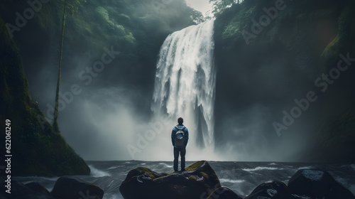 An image of a person from behind standing at the edge of a majestic waterfall capturing the awe of nature.