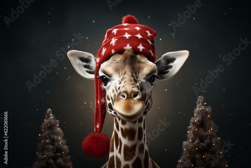 Happy New Year and Merry Christmas banner. Portrait of cute giraffe head in Santa hat with copy-space. Close-up of funny animal in red Christmas hat