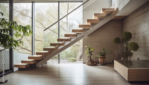 Wooden natural Stairs in modern house. Interior design concept. Generative ai