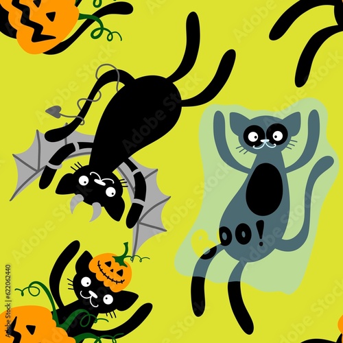 Halloween cartoon cats seamless pumpkins and ghost and monsters vampire pattern for fabrics and wrapping paper