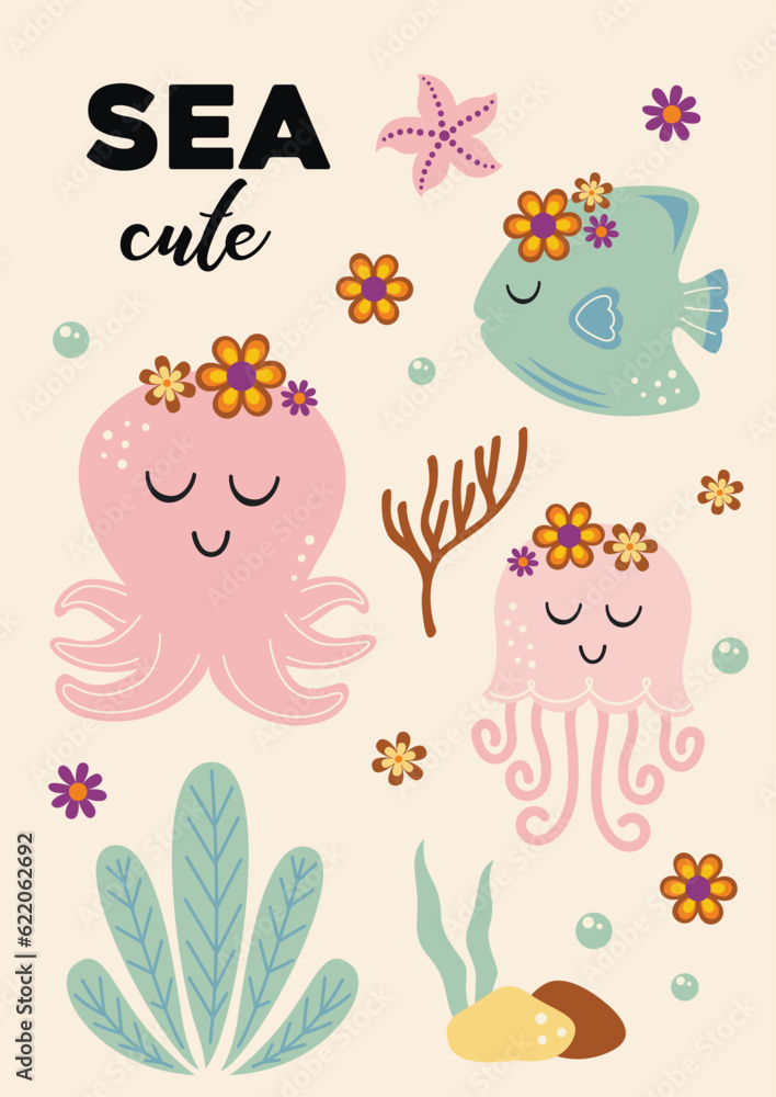 cute sea poster with octopus, jellyfish, fish cute sea poster with octopus, jellyfish, fish