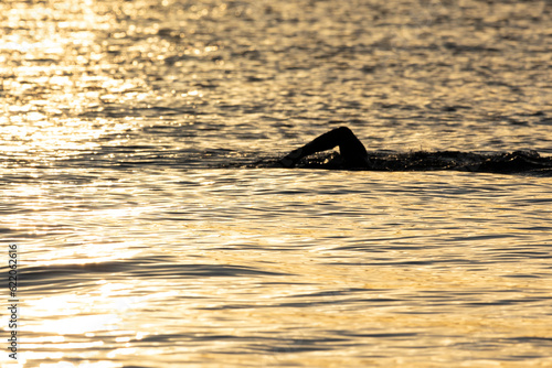 A silhouette of lone swimmer in the waters of a lake at sunset. Lifestyle.