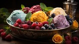 Medium shot, a bowl of Italian gelato, scoops of different flavors. Generative AI