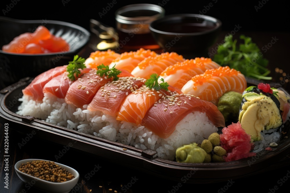 Medium shot, a serving of sushi, a variety of nigiri and rolls. Generative AI Medium shot, a serving of sushi, a variety of nigiri and rolls. Generative AI