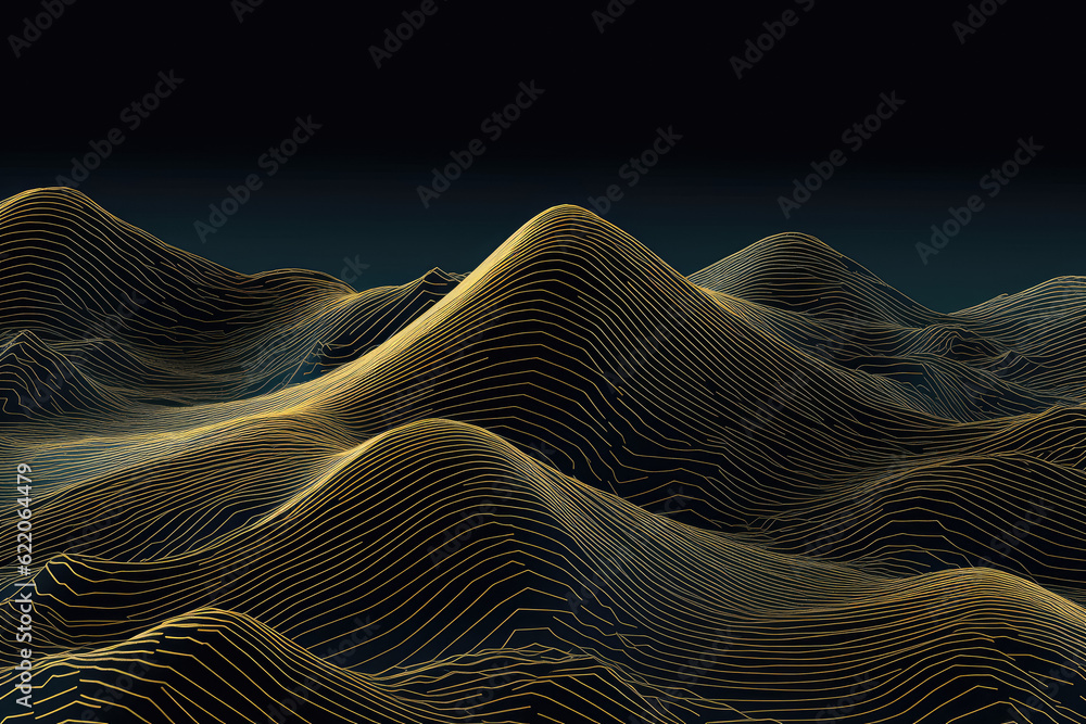 Elegant mountain line art background, designed with a touch of luxury and gold. Perfect for book covers, invitations. Generative Ai, Ai.