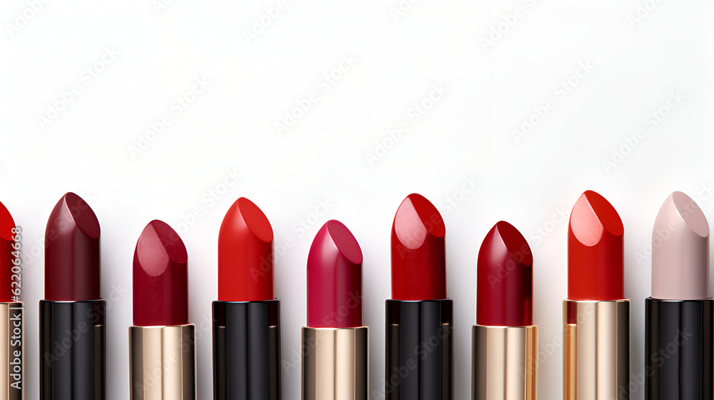 Obraz premium Red lipstick variety background. Commercial banner of various lipsticks of different shades on white tabletop with free space for text, front view. Set of red lipsticks. AI generated