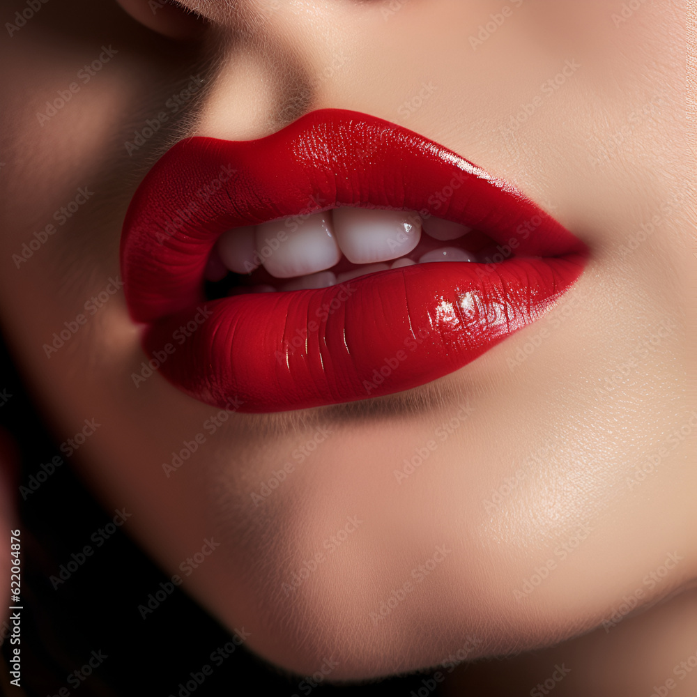 Red lipstick lips. Beautiful woman lips with fashion red lipstick makeup. Cosmetic, fashion make-up concept. Beauty Lip Visage. Sexy female open mouth with glossy red lipstick. AI generated Red lipstick lips. Beautiful woman lips with fashion red lipstick makeup. Cosmetic, fashion make-up concept. Beauty Lip Visage. Sexy female open mouth with glossy red lipstick. AI generated
