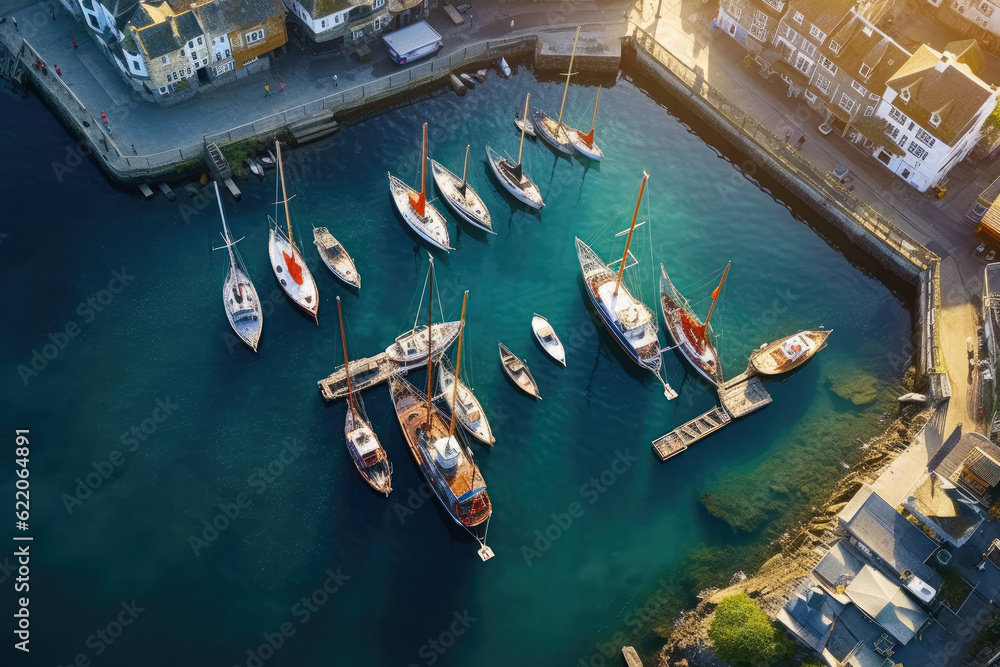 A captivating aerial photograph showcasing a picturesque harbor in Cornwall, adorned with vibrant moored boats. Generative Ai, Ai.