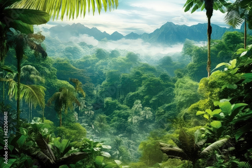 A panoramic banner background depicting a tropical forest landscape  symbolizing environmental ecology  sustainable energy  and Earth Day. Generative Ai  Ai.