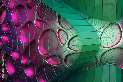 Abstract futuristic background from surface holes and a neural network. 3d rendering illustration.