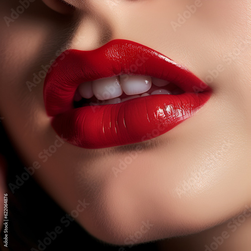 Red lipstick lips. Beautiful woman lips with fashion red lipstick makeup. Cosmetic, fashion make-up concept. Beauty Lip Visage. Sexy female open mouth with glossy red lipstick. AI generated