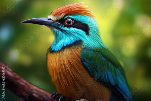 Stunning Turquoise-Browed Motmot, displaying its colorful plumage. Generative Ai, Ai.