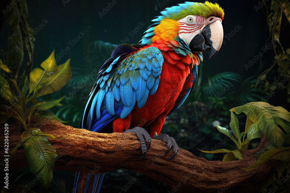 Tropical beauty of a macaw perched on a branch, its vibrant feathers capturing your attention. Generative Ai, Ai. Tropical beauty of a macaw perched on a branch, its vibrant feathers capturing your attention. Generative Ai, Ai.