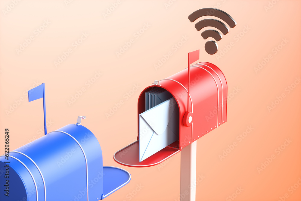 Two mailboxes with an envelope inside and a Wi-Fi icon on an orange background. 3d rendering illustration Two mailboxes with an envelope inside and a Wi-Fi icon on an orange background. 3d rendering illustration
