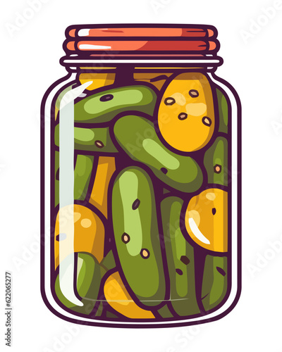 Organic pickled vegetables in transparent jar, gourmet