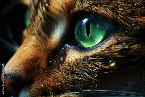 A captivating close-up showcases the piercing bright green eye of a cat, revealing its mesmerizing gaze. Generative Ai.