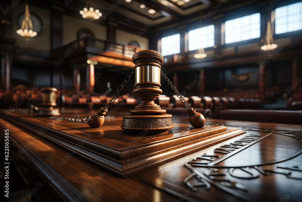 A brown gavel hammer in a courtroom, symbolizing authority and the enforcement of law. Generative Ai. A brown gavel hammer in a courtroom, symbolizing authority and the enforcement of law. Generative Ai.
