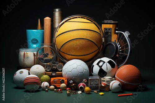 Collection of sports equipment, including balls, rackets, and other gear, representing physical activity and sportsmanship. Generative Ai.
