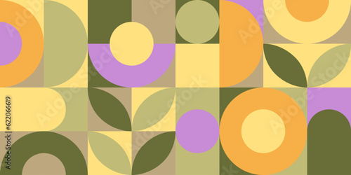 Abstract geometric mosaic in natural colors. Modern background from circles, squares shapes and leaves. Botanical template