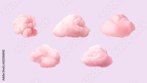 Set of realistic pink soft clouds. Vector illustration.