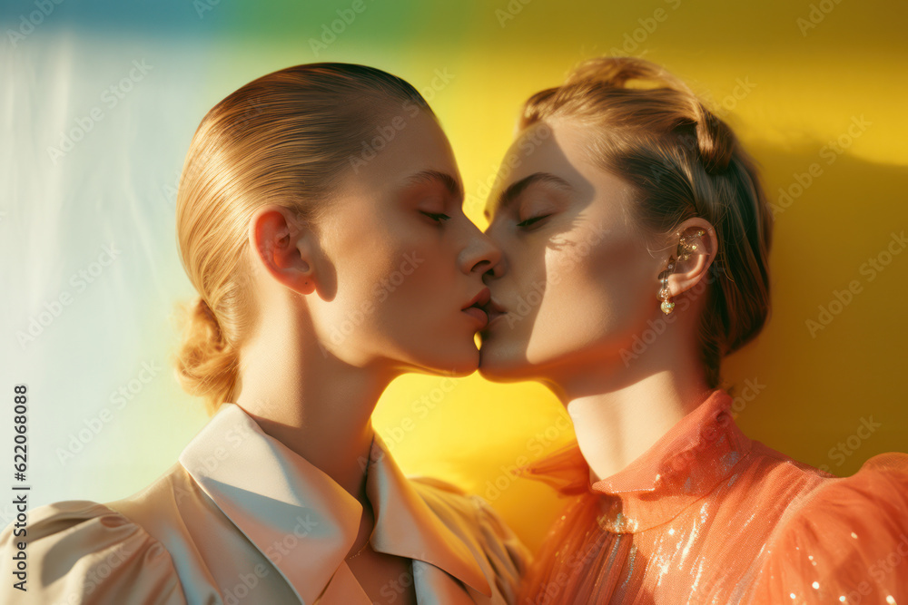 two female friends/models/lgbtq couple in magazine  editorial fashion/beauty photo shoot standing embracing/kissing film photography look  - generative ai art