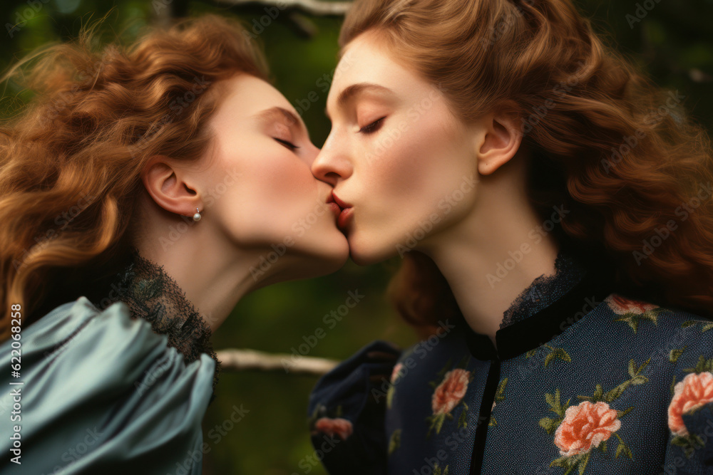 two female friends/models/lgbtq couple in magazine editorial fashion/beauty photo shoot standing embracing/kissing film photography look - generative ai art two female friends/models/lgbtq couple in magazine editorial fashion/beauty photo shoot standing embracing/kissing film photography look - generative ai art