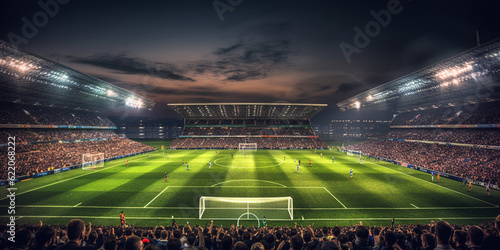 Football stadium at night with green grass and crowds in the background  © MUS_GRAPHIC