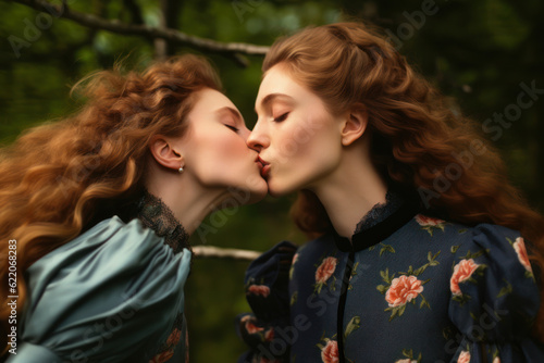 two female friends/models/lgbtq couple in magazine editorial fashion/beauty photo shoot standing embracing/kissing film photography look - generative ai art