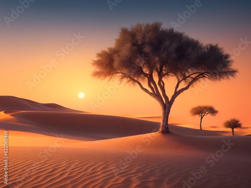 Beautiful desert sunset landscape scenery background with one lonely tree on sand dunes 