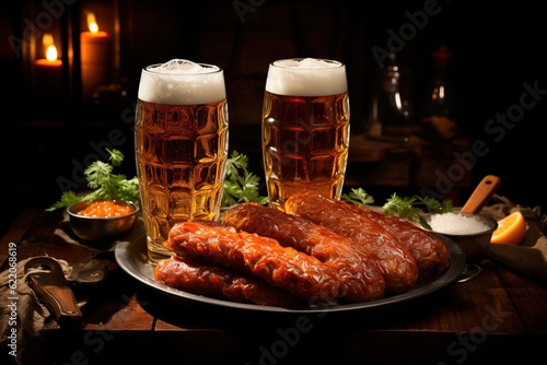 Two glasses of amber beer and fried sausages on the table. The annual German beer festival Oktoberfest. Alcoholic drink on amber-colored hops with foam. AI generation