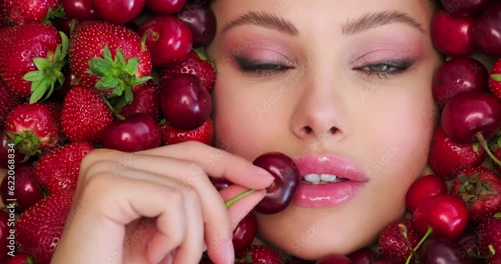 Beautiful woman holds cherry close to face. Beautiful woman with fashion makeup on vivid background from berries. Colorful image. Sweet fruits around female face with pink eye make-up. Art concept.. Beautiful woman holds cherry close to face. Beautiful woman with fashion makeup on vivid background from berries. Colorful image. Sweet fruits around female face with pink eye make-up. Art concept..