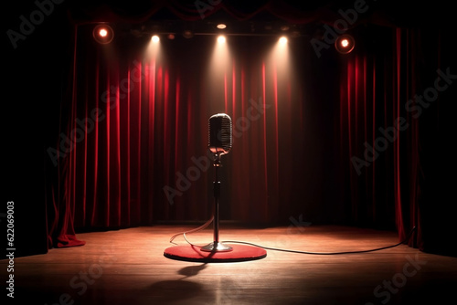 Stage with red curtains, microphone and spotlight.. Theatre, cabaret or comedy show or opera music concert club, standup scene. Beginning of the show adult entertainment advertisement. Generative AI