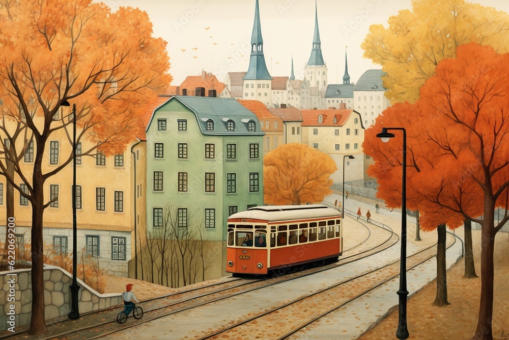 Obraz premium Autumn fall landscape scene with trees. Ai generative art